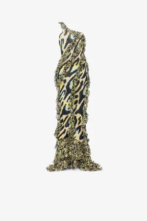 animal-print one-shoulder ruffled dress