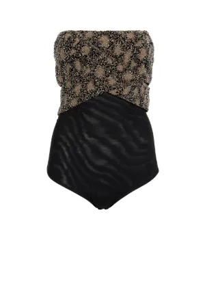 Bead-Embellished Wrap-Effect Bodysuit