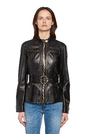 belted black leather jacket