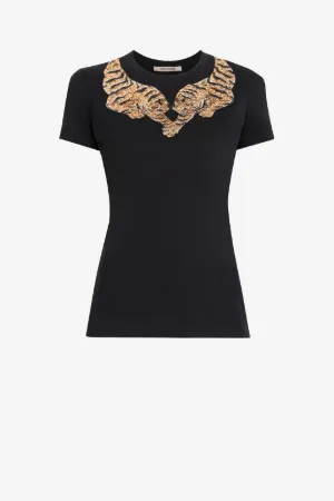 Camiseta con parches de tigre adornados con cristales