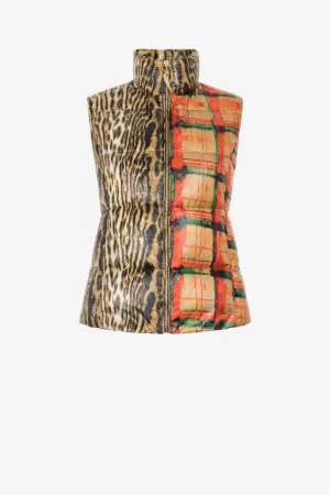 Doudoune sans manches à imprimés ocelot et tartan