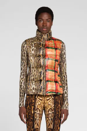 Doudoune sans manches à imprimés ocelot et tartan