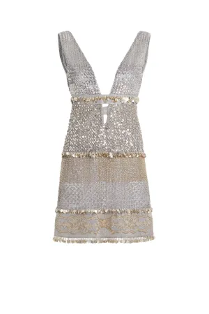 Embellished metallic knit mini dress