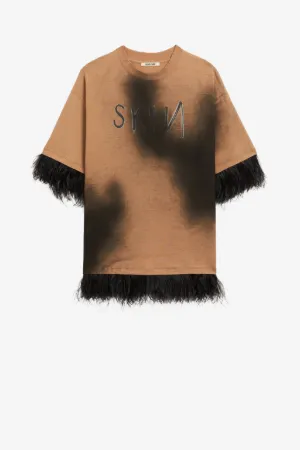 Feather-Trimmed Oversized Cotton T-Shirt