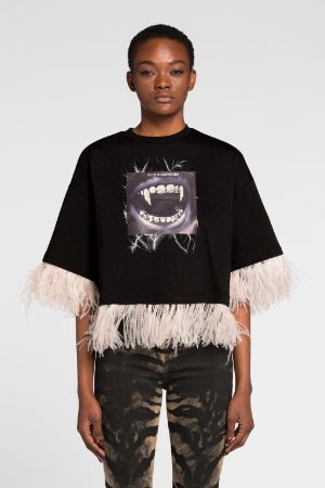 Feather-Trimmed Teeth-Print Cotton Crop Top