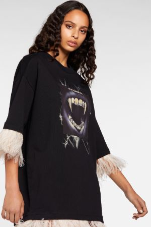 Feather-Trimmed Teeth-Print Cotton T-Shirt
