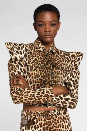 Giacca denim cropped con stampa Jaguar -Sito ufficiale di Roberto Cavalli®