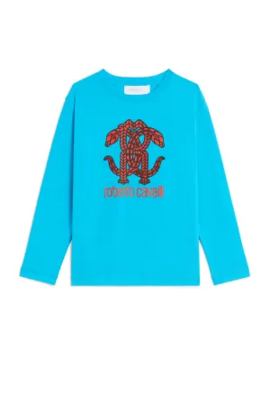 ROBERTO CAVALLI Womens Cotton Cheetah Print Logo T-Shirt Teal