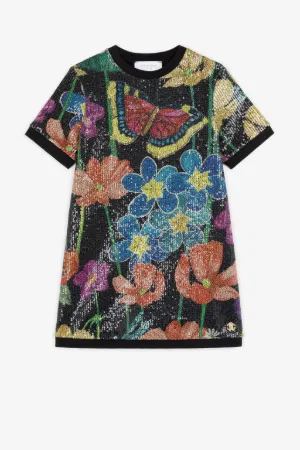 ^Paillettenbesetztes Kleid mit Blumendruck