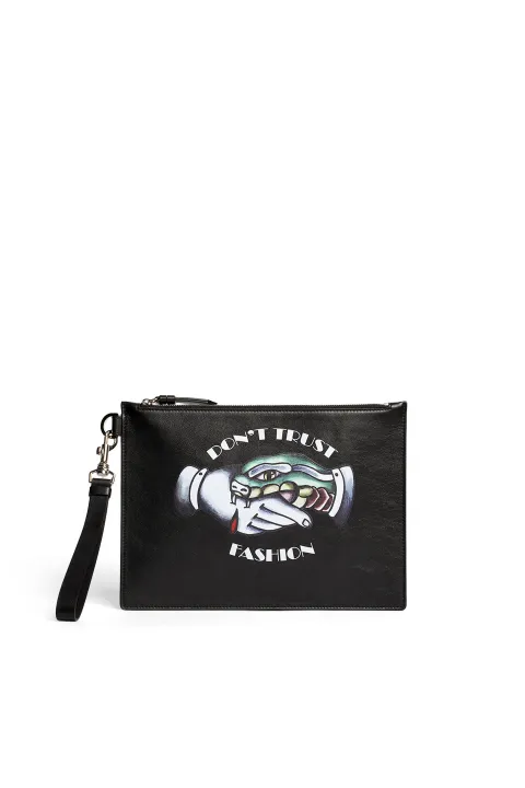 Men S Small Leather Goods Roberto Cavalli Official Website Leather Zip Pouch With Tattoo Graphic In Relief