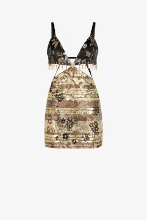 Mini abito in broccato floreale con cut-out