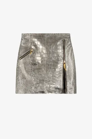 Mini-jupe en cuir métallisé à motif croco gaufré
