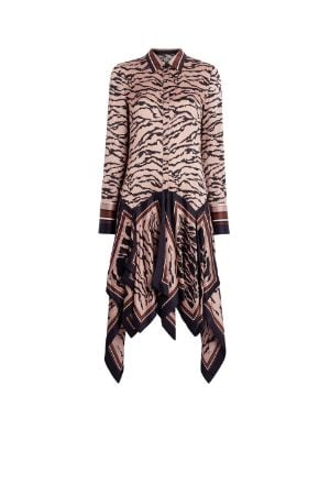 Owl foulard print silk satin dress