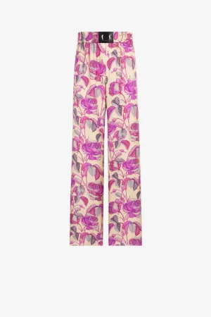 Pantalon de survêtement en soie à imprimé roses