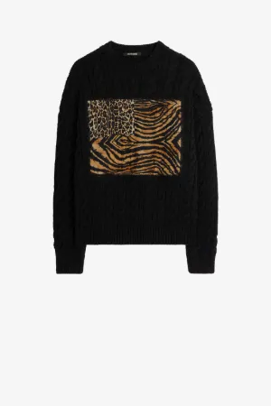 Pull en laine à appliqué imprimé Animalier Patchwork