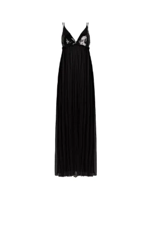 Robe longue en crêpe de soie noire brodée de sequins