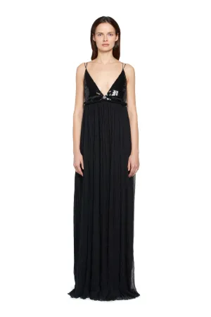 Robe longue en crêpe de soie noire brodée de sequins