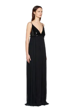 Robe longue en crêpe de soie noire brodée de sequins