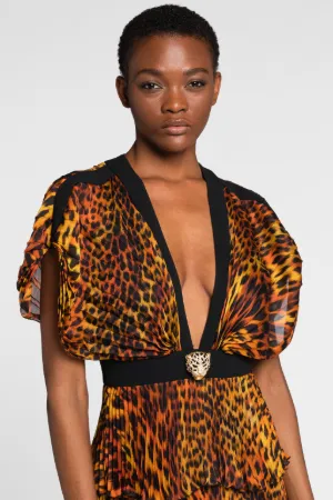 Robe longue en soie plissée à imprimé Jaguar