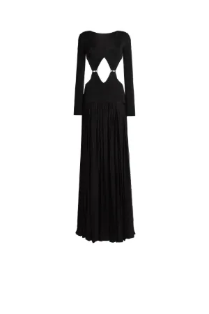 Robe longue en tricot nervuré noir à découpes