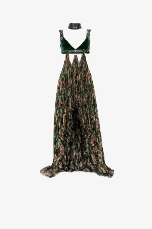 Robe longue style harnais à imprimé roses