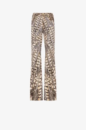 Schlagjeans mit Falken-Print und Sequin-Verzierungen