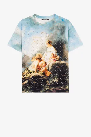 T-shirt à imprimé tableau et cristaux thermocollés
