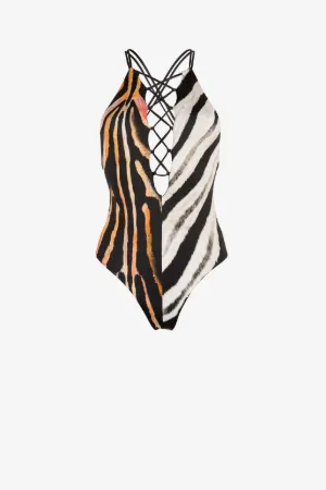 Traje de baño con encaje y estampado Zebra