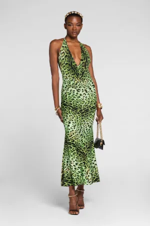 Vestido fruncido con estampado Jaguar y cuello halter