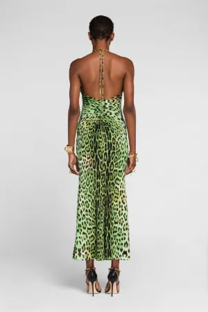 Vestido fruncido con estampado Jaguar y cuello halter