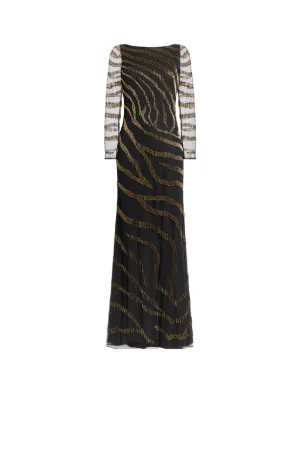 vestido largo negro y dorado con motivo Zebra