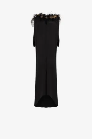 Vestido maxi de seda con plumas y perlas