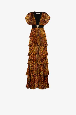 Vestido maxi plisado con estampado Jaguar