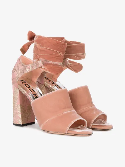 pink velvet heeled sandals