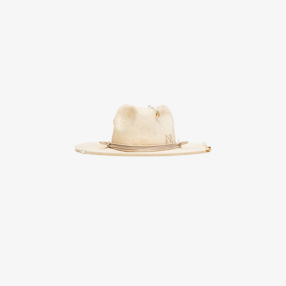 Ruslan Baginskiy neutral pierced chain strap straw fedora hat Browns
