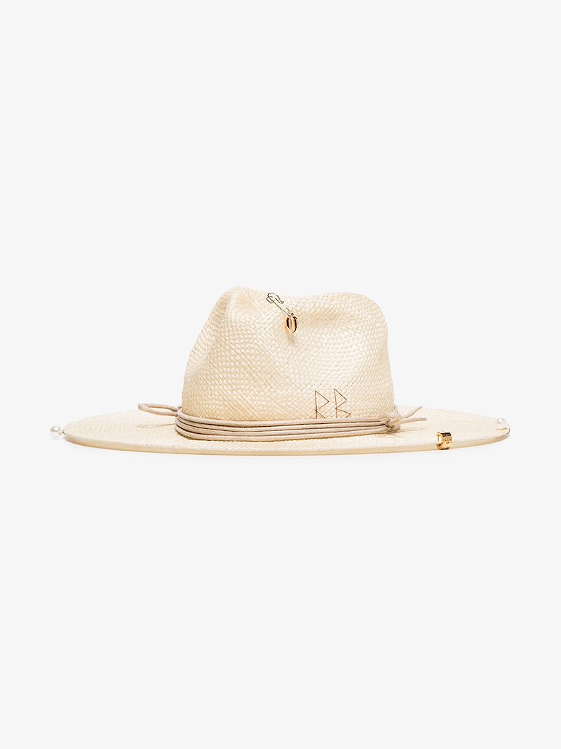 Ruslan Baginskiy neutral pierced chain strap straw fedora hat Browns