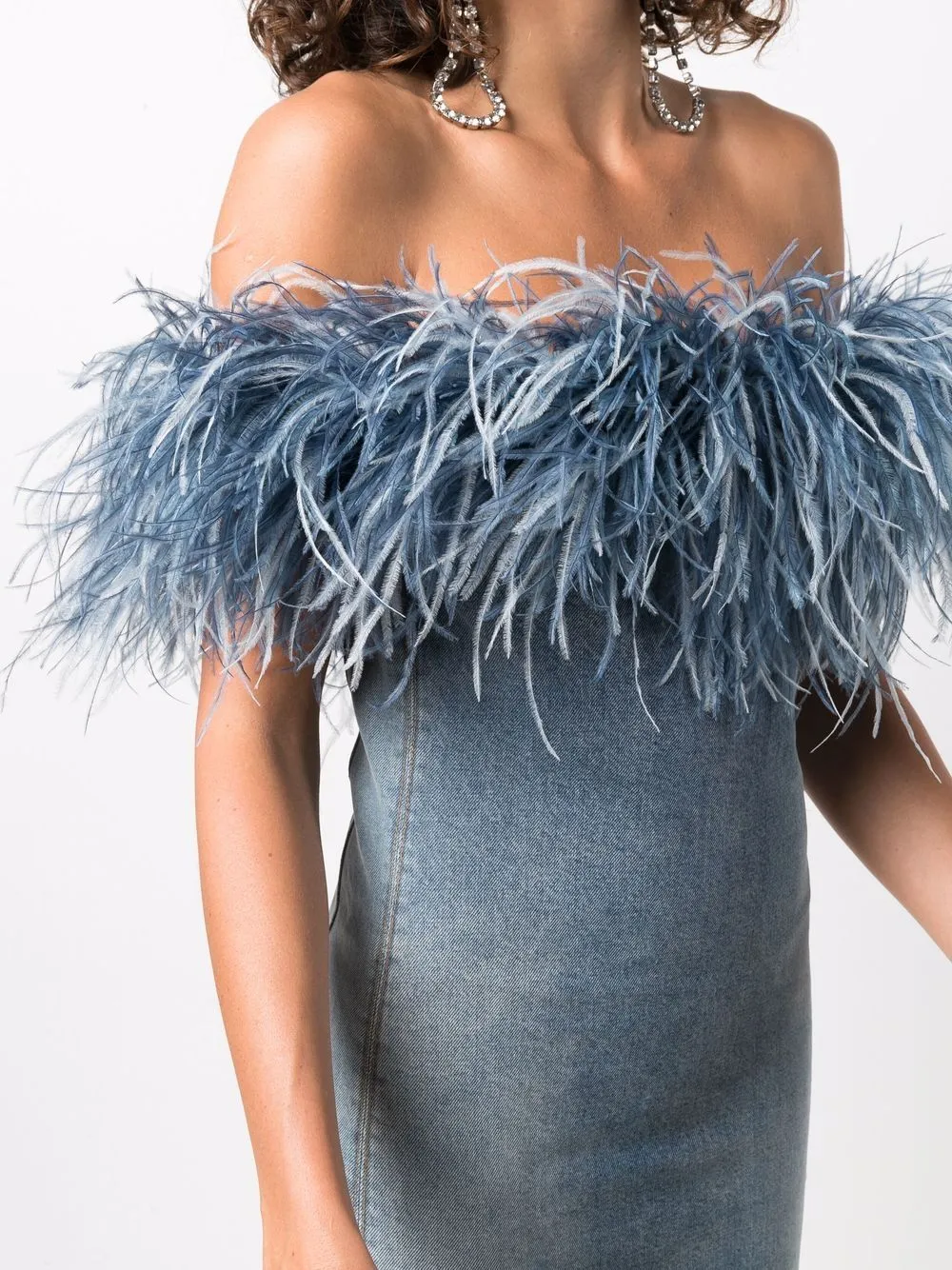 feather trim denim dress Saint Laurent US