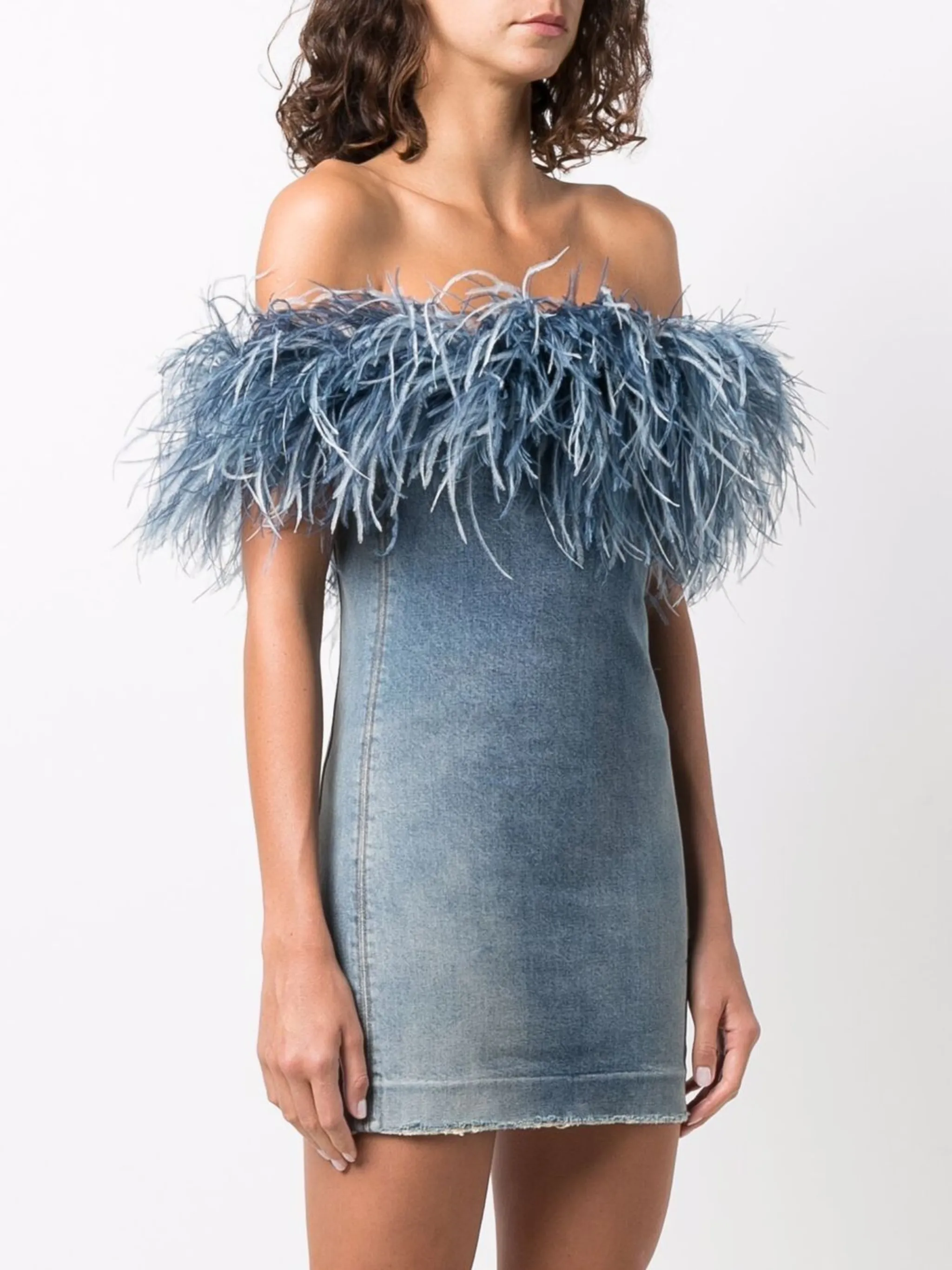 feather trim denim dress Saint Laurent US