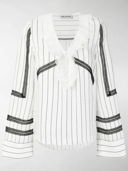 Self-Portrait - lace trim pinstriped blouse