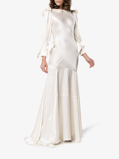 Simone Rocha Bow Long Sleeve Silk Bias Dress Browns