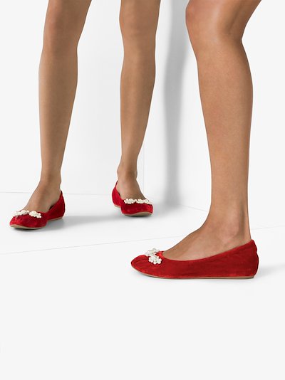 Simone Rocha Red beaded velvet ballet pumps | Browns