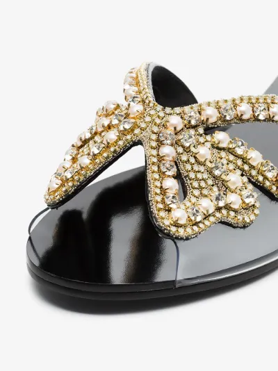 black Madame Butterfly faux pearl leather sandals展示图