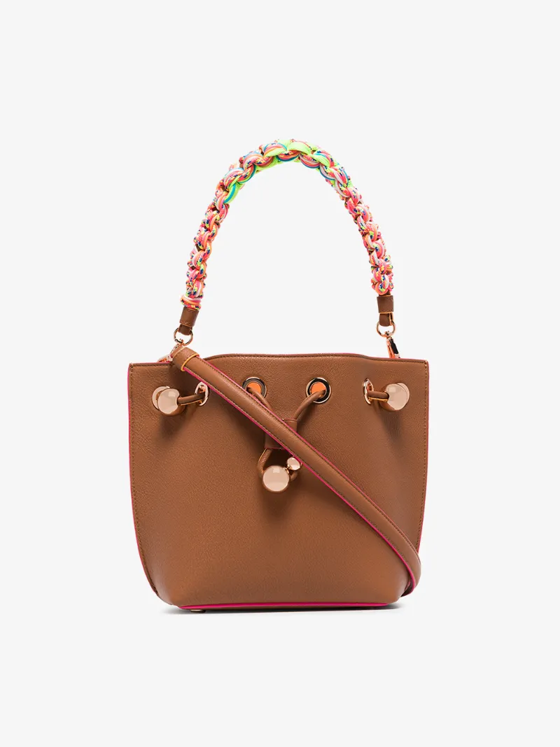 Sophia Webster Tan Romy Mini Leather Woven Handle Bucket Bag Sophia Webster Tan Romy Mini Leather Woven Handle Bucket Bag