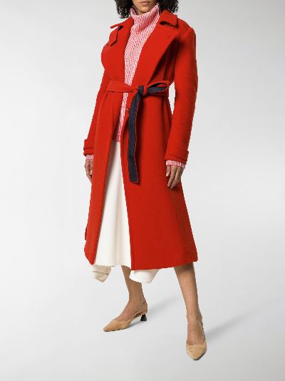 red belted trench coat