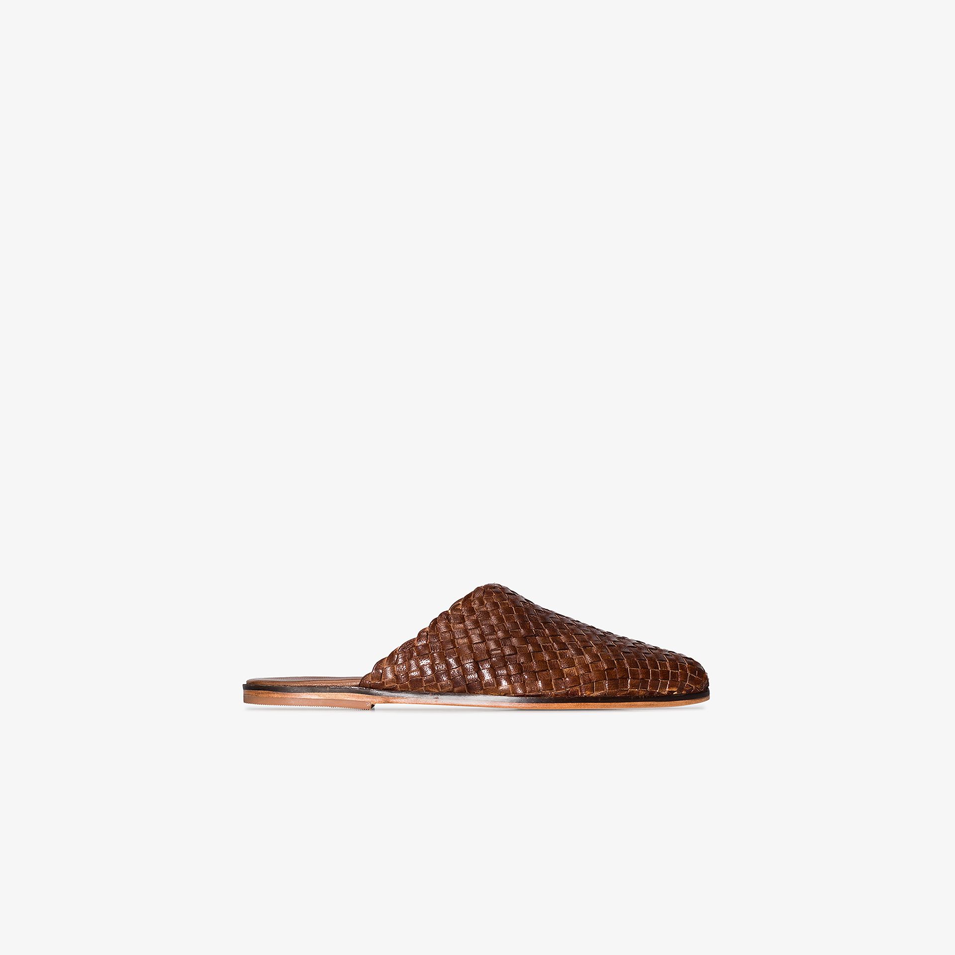 brown woven leather mules