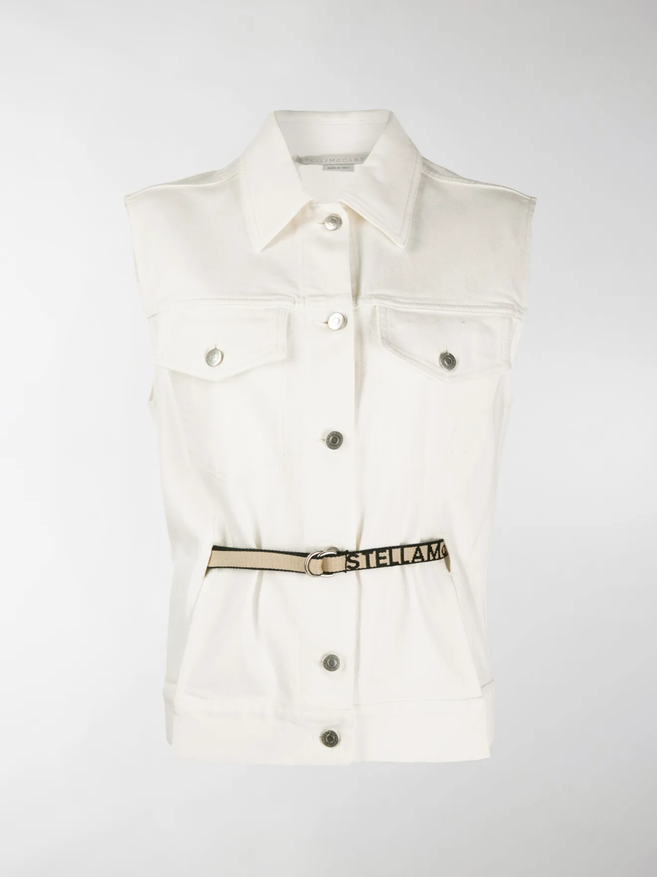 white sleeveless denim jacket