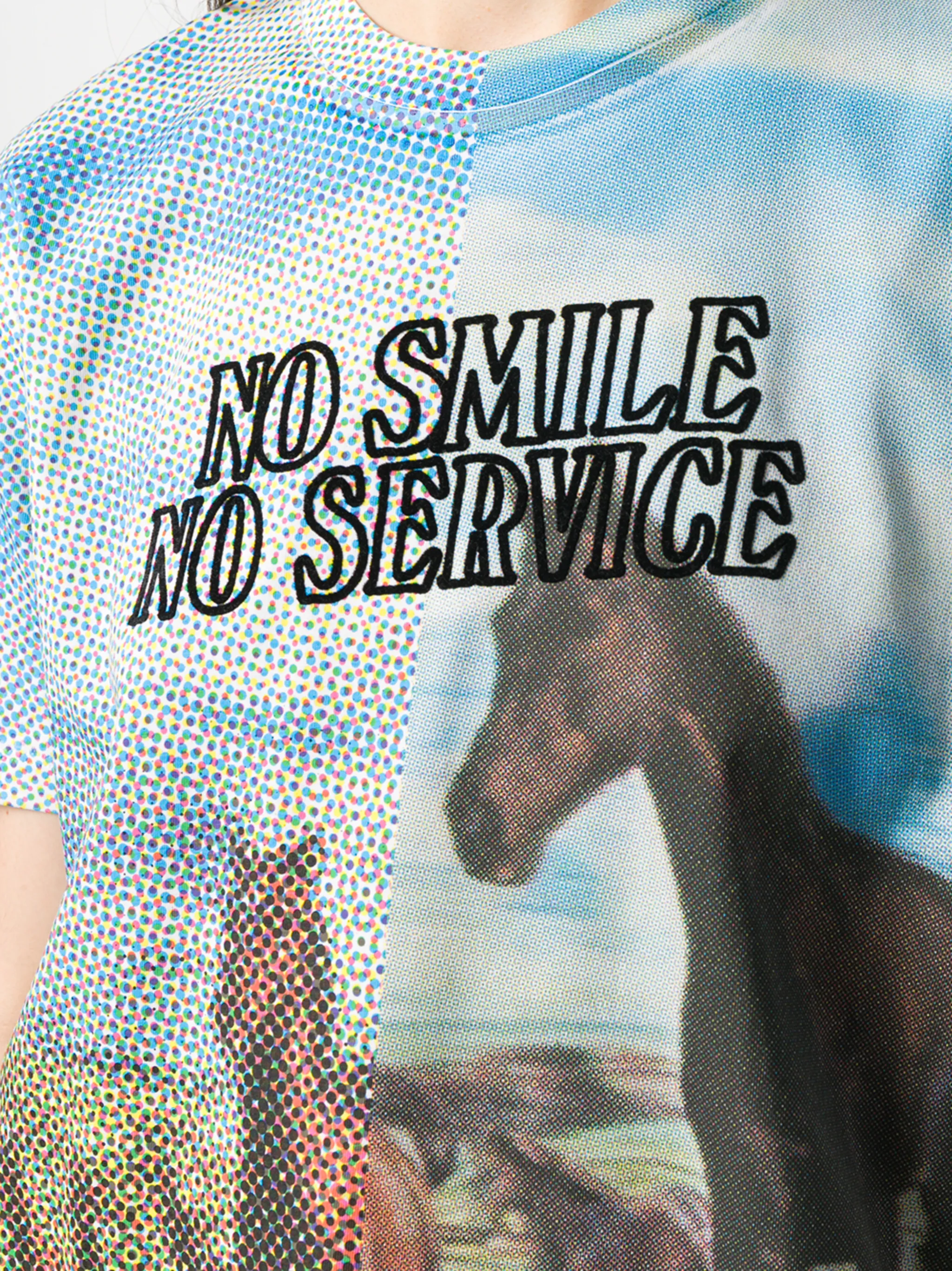 Stella McCartney yellow graphic popular No Smile No Service t-shirt with smile patch