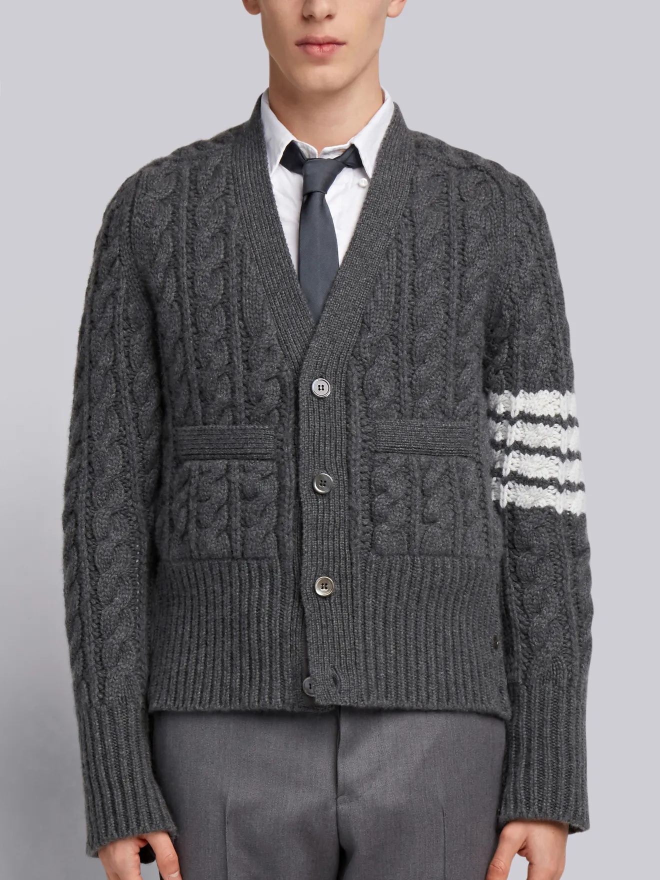 4 Bar Stripe Chunky Cable Cashmere V Neck Cardigan | Thom 4 Bar Stripe Chunky Cable Cashmere V Neck Cardigan | Thom