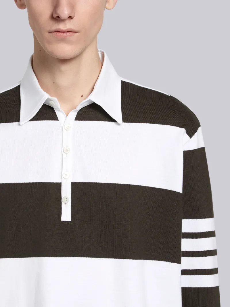 Black Rugby Stripe Cotton 4-Bar Mr. Thom Embroidered Oversized Long Sleeve  Polo