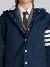 海军蓝色尼龙长款竖排摁扣连帽4条纹衬衫裙